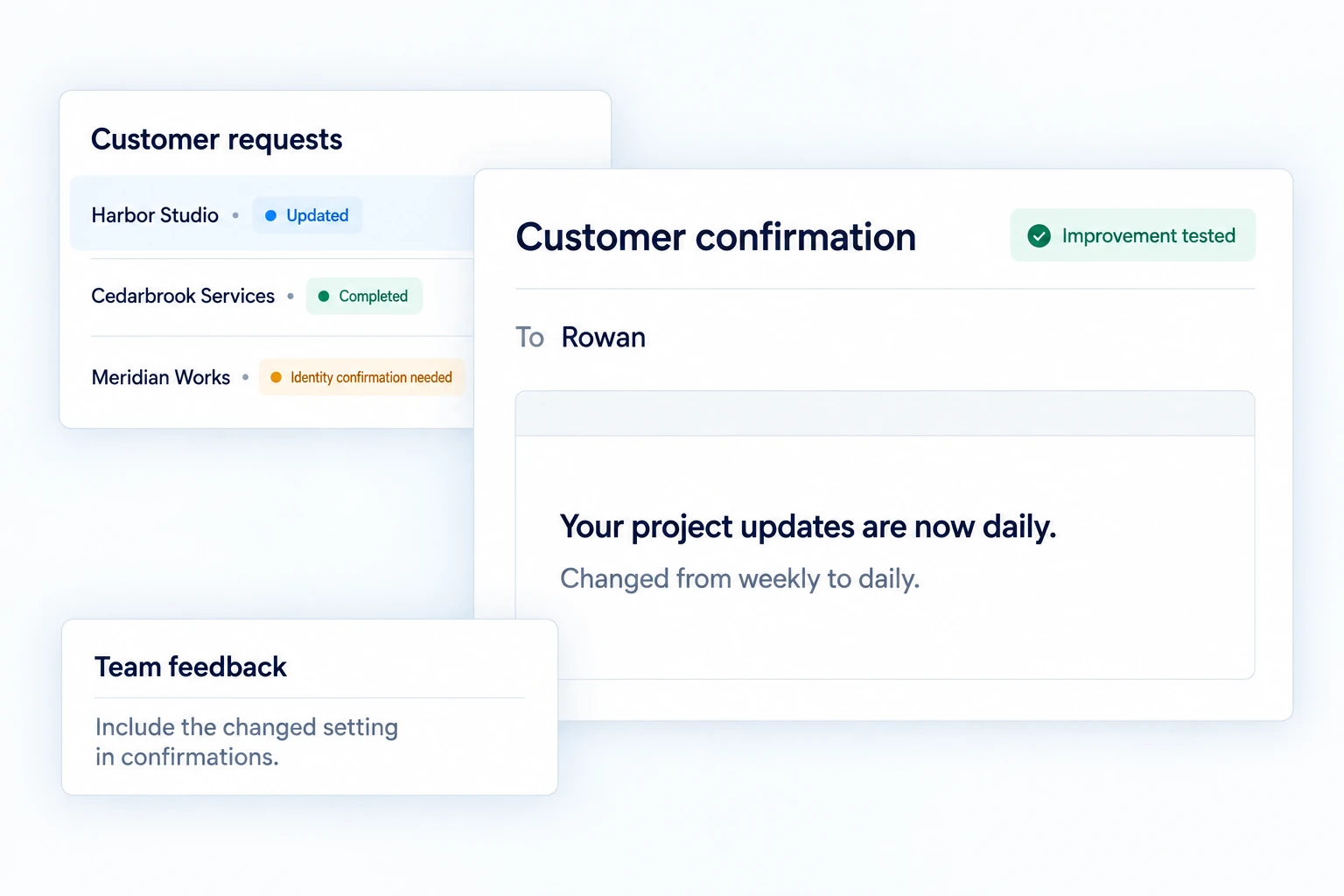 ongoing request queue and tested improvement: Rowan's confirmation states that project updates changed from weekly to daily, following team feedback to include the changed setting.